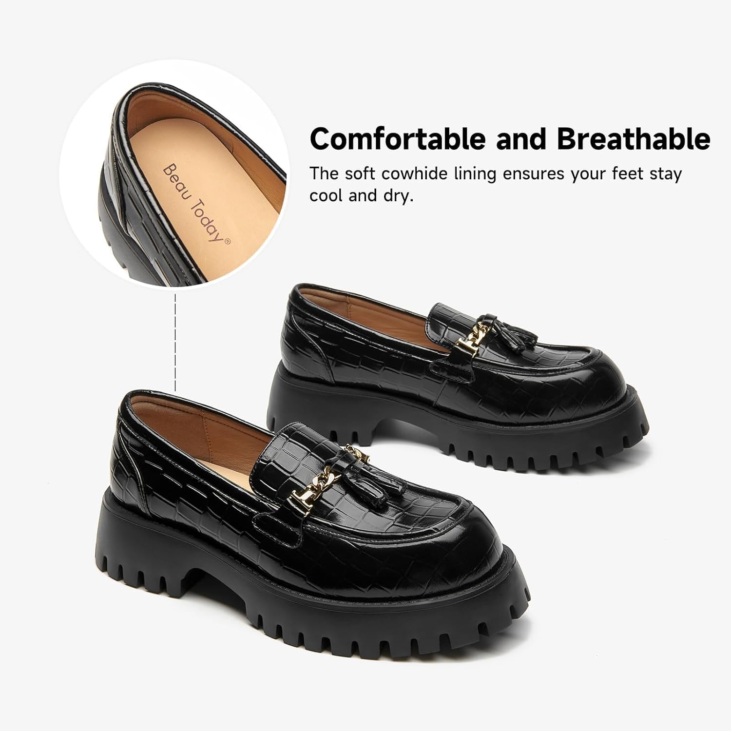 BEAU TODAY Chunky Loafers for Women,Womens Platform Loafer Shoes,Chunky Heel Lug Sole Slip-on Tassel Shoes,Comfort Round Toe Business Work Office Shoes Black-B US 8 - Image 4
