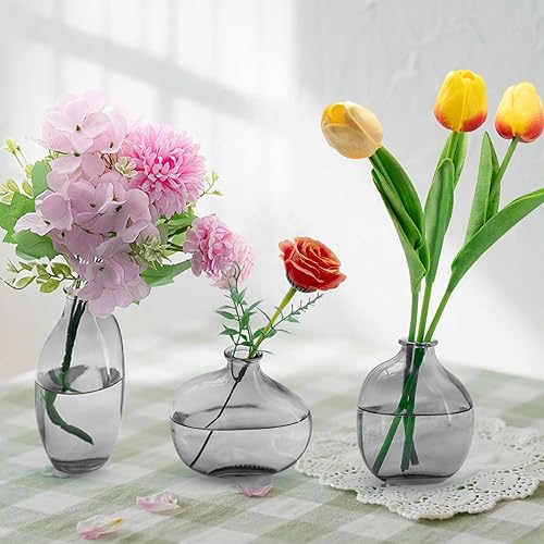 Miniatura 8 de Juego de 3 jarrones de vidrio ámbar, pequeños jarrones de vidrio para flores, jarrones vintage para centros de mesa, jarrón de flores a granel para