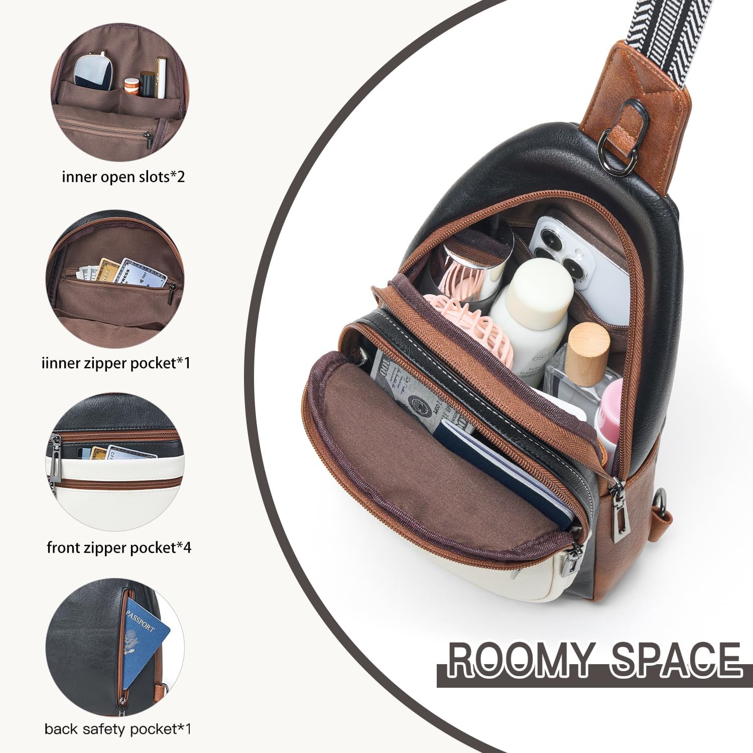 Sling Bag for Women Crossbody Bag Fanny Pack Cross Body Sling Purse Vegan Leather Trendy Travel Purse Black/White/Brown - Image 4