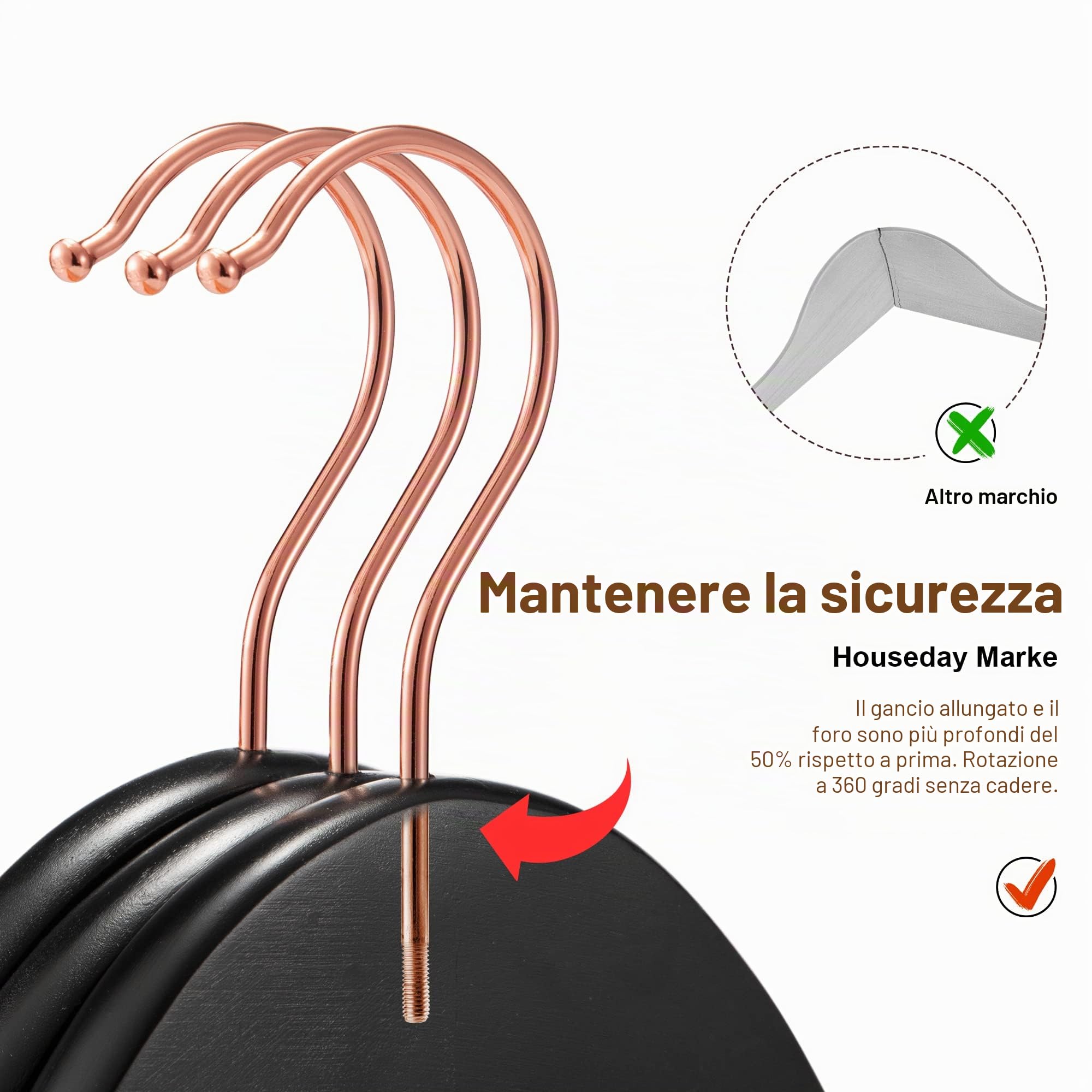 HOUSE DAY Confezione da 32 Grucce in Legno Resistente di Alta Qualità per Abiti Antiscivolo Con Gancio Girevole Color Oro Rosa 45 cm Nero