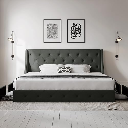 Miniatura 14 de Allewie Base de cama de tamaño matrimonial con 4 cajones de almacenamiento y cabecera con respaldo de ala, diseño capitoné con botones, no necesita