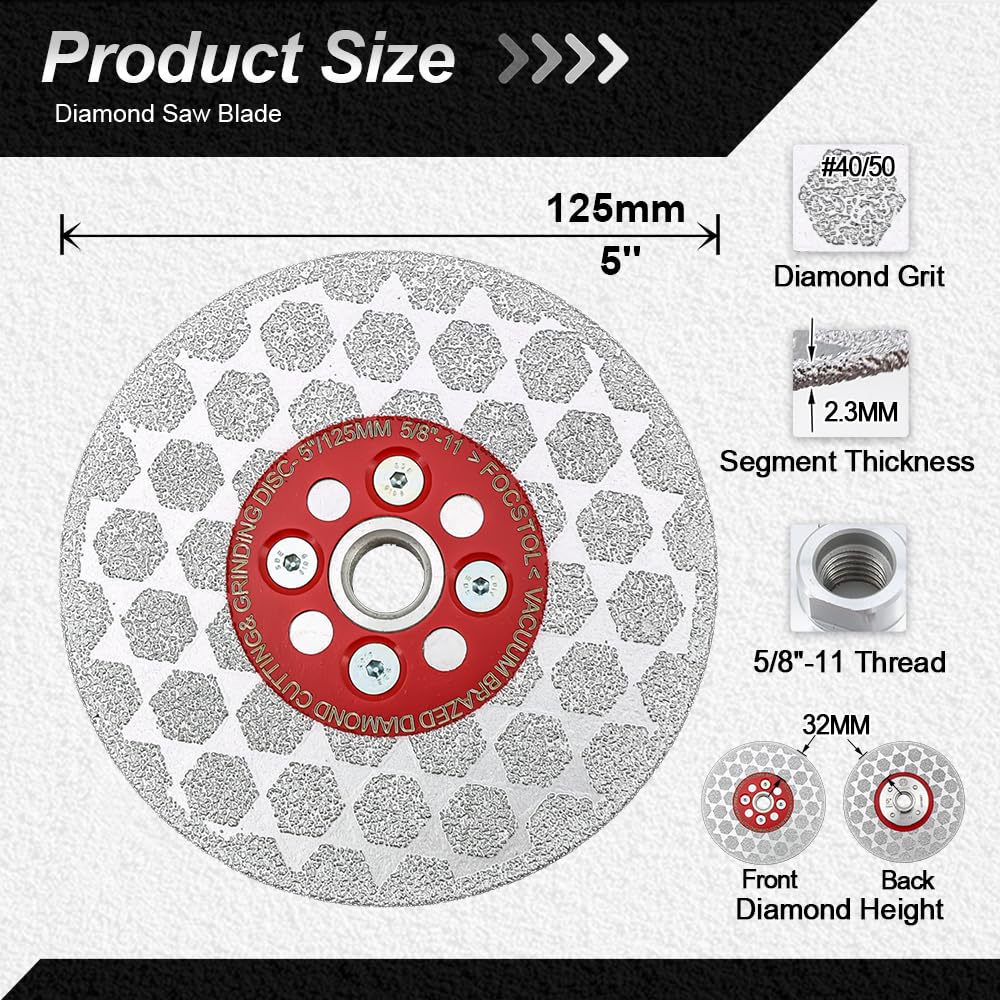 FOCSTOL Diamond Cutting Grinding Disc - 5 Inch(125mm) Tile Cutting Blade for Porcelain Ceramic Tile Marble Quartz for Angle Grinder