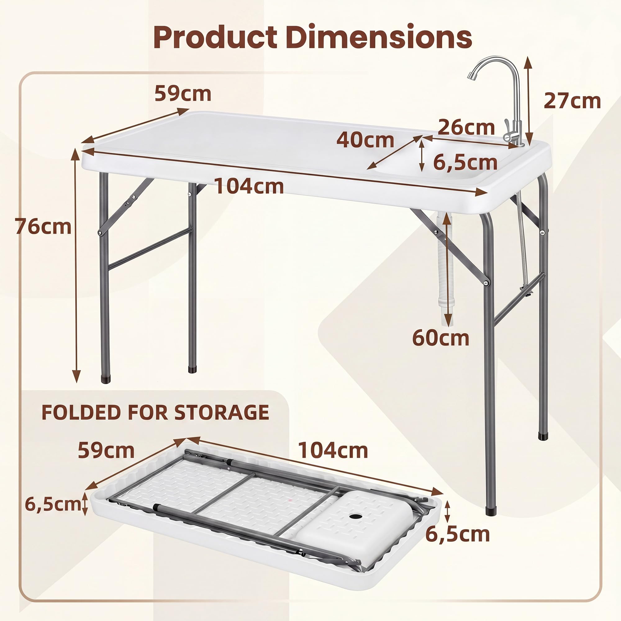 HOMASIS Fischreinigungstisch klappbar, Campingtisch mit Spüle & Wasserhahn, Camping-Spültisch mit Messskala, bis 50 kg belastbar, Klapptisch für Angeln, Picknick & Grillen, 104 x 59 x 76 cm, Weiß