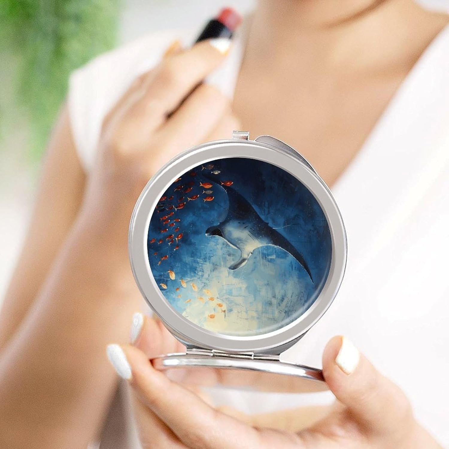 Manta Ray and Fish Makeup Mirror Lightweight Compact Mirror Portable Folding Travel Mirror 2-Sided Round Handheld Beauty Mirrors Mini Pocket Mirrors for Gift image 4
