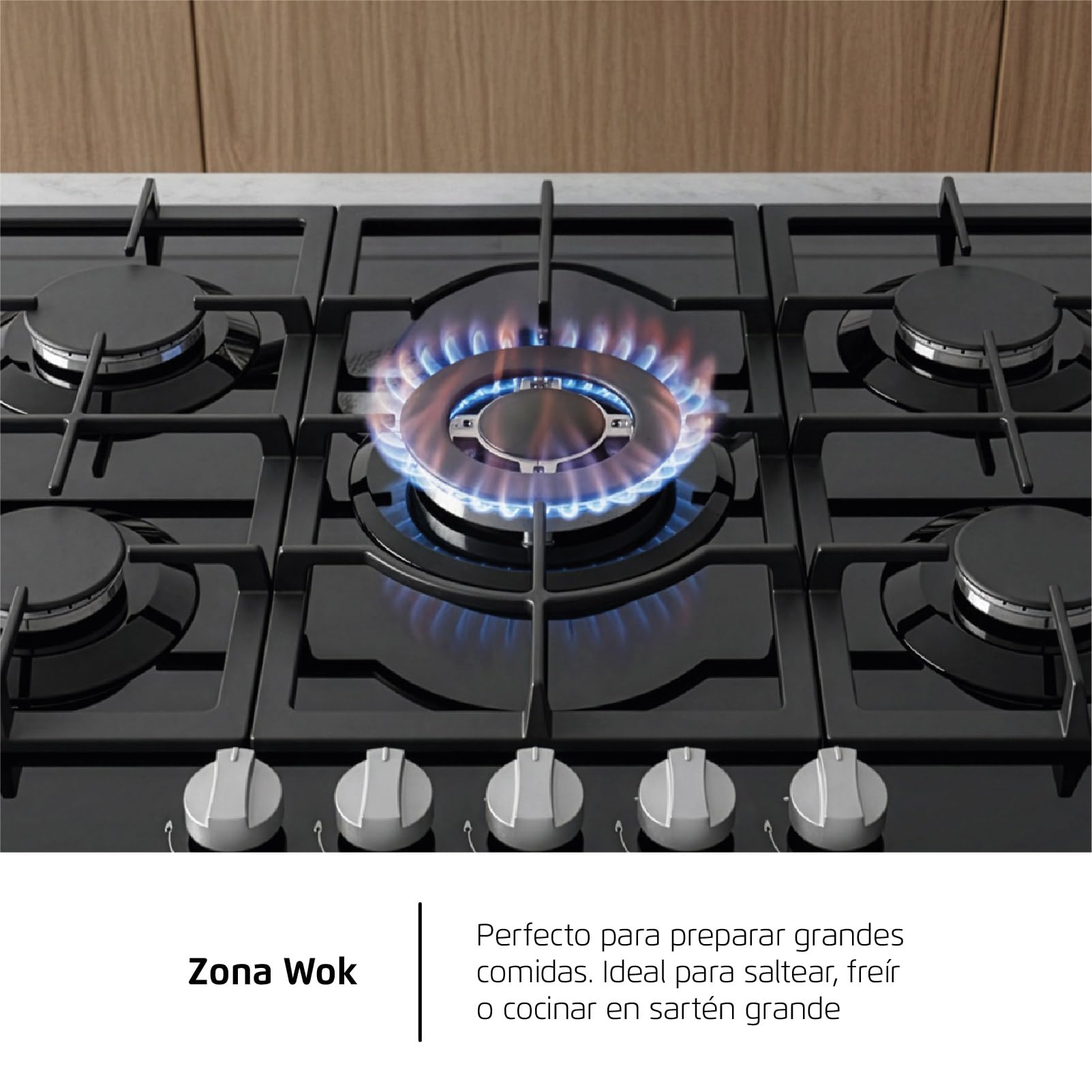 Corberó - Placa Gas Cristal LUX 75cm | CPCGM5F5026N | 8.5kW| 5 Zonas | Zona Wok | Autoencendido | Capa Protección Clean+ | Desconexión automática | Negro