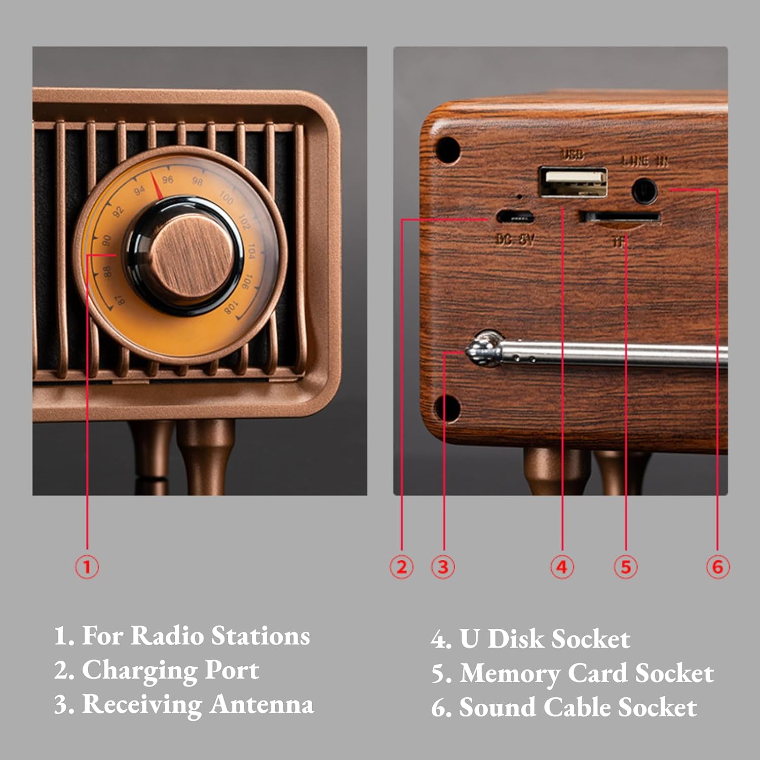 Mini Wooden FM Radio, PortableSpeaker with Built in 1500mAh Battery and Powerful DSP Chip, for U Disk, Memory , AUX