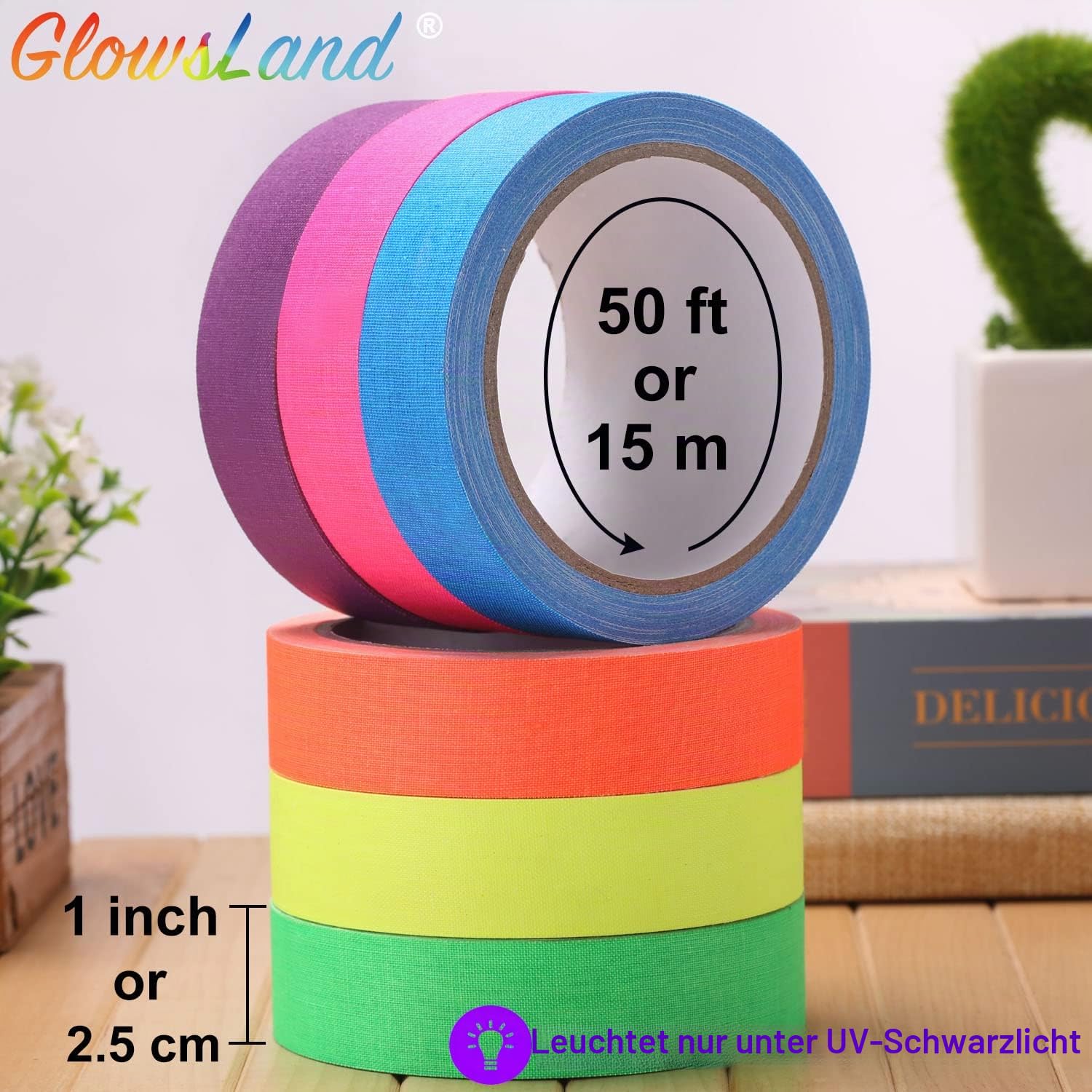 Neon Klebeband Größere Größe Neon Gaffa Tape, UV aktiv Tape, Fluoreszierendes, Leuchtband, 6 Farben, 25MM*15M Pro Rolle für Halloween