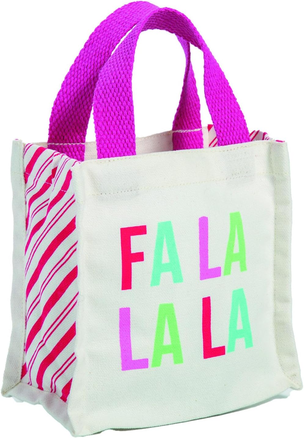 Fun Express Mini Fa La La Canvas Tote Bags, White with Pink Stripes, 6.25 x 4 Inches, Holiday Gift Bags for Christmas Presents and Stocking Stuffers, 2 Pack