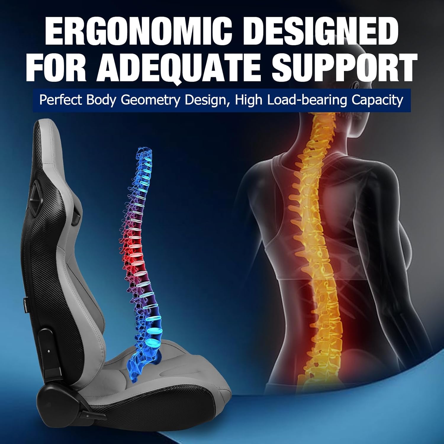 FREEMOTOR802 Racing Seat with Dual Lock Slider, Universal For Most Cars Vehicles First Row, Right Passenger Side Reclinable Sport Bucket Seat, PU Carbon Fiber Look Leatherette, Gray