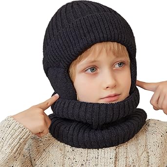 Toddler kids Winter Knit Warm Hat neck Scarf Collar Set for Boys & Girls 3-8 years old knitted fleece lined