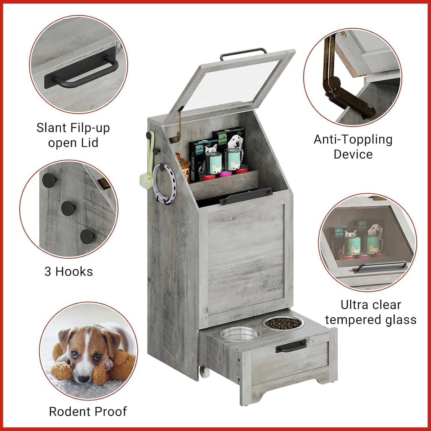 IDEALHOUSE Estación De Alimentación para Perros con Armario De Almacenamiento 11kg - Cuencos Elevados De Acero Inoxidable y Depósito Hermético con Tapa Abatible - Madera para Salón o Cocina (Gris)