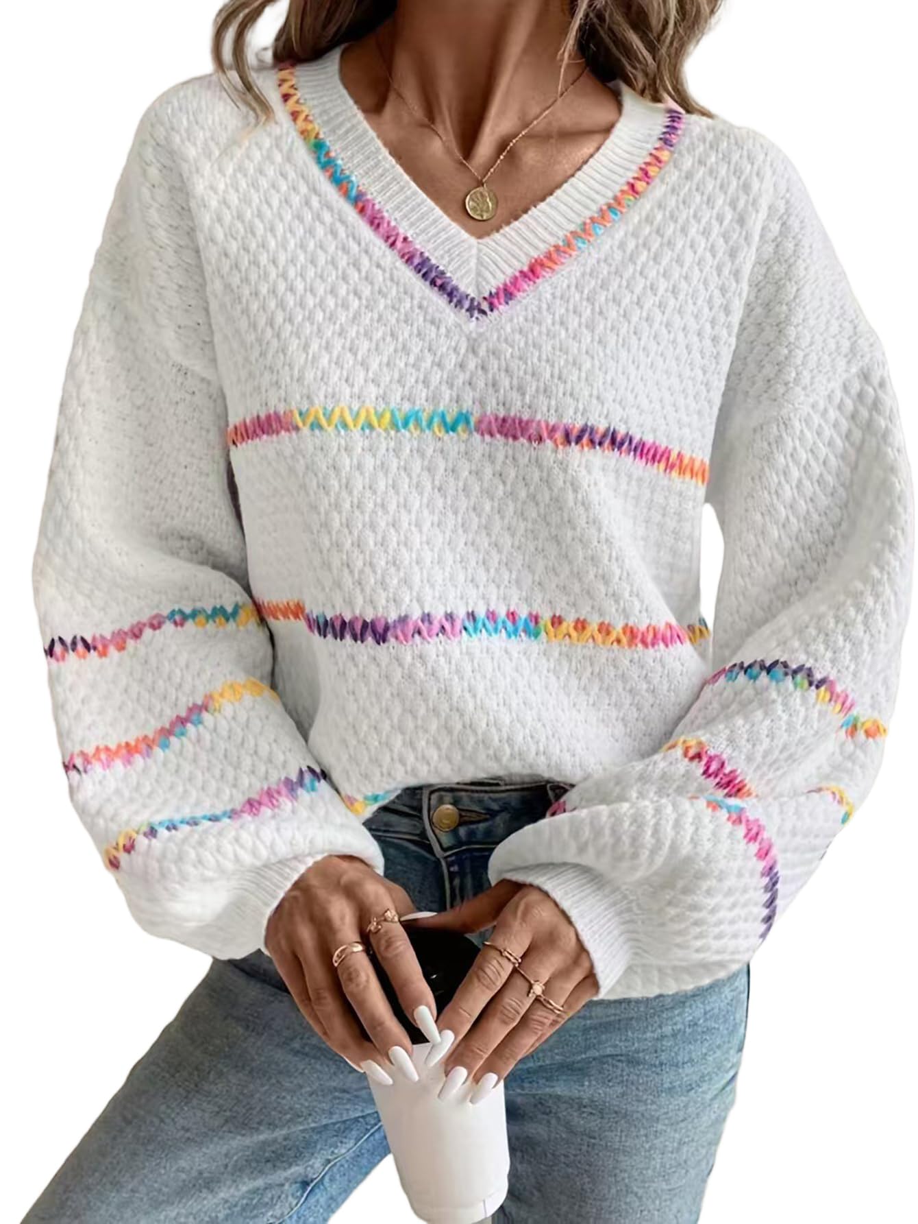 Womens Color Block Striped V Neck Knit Sweater Relaxed Fit Long Sleeve Pullover Tops