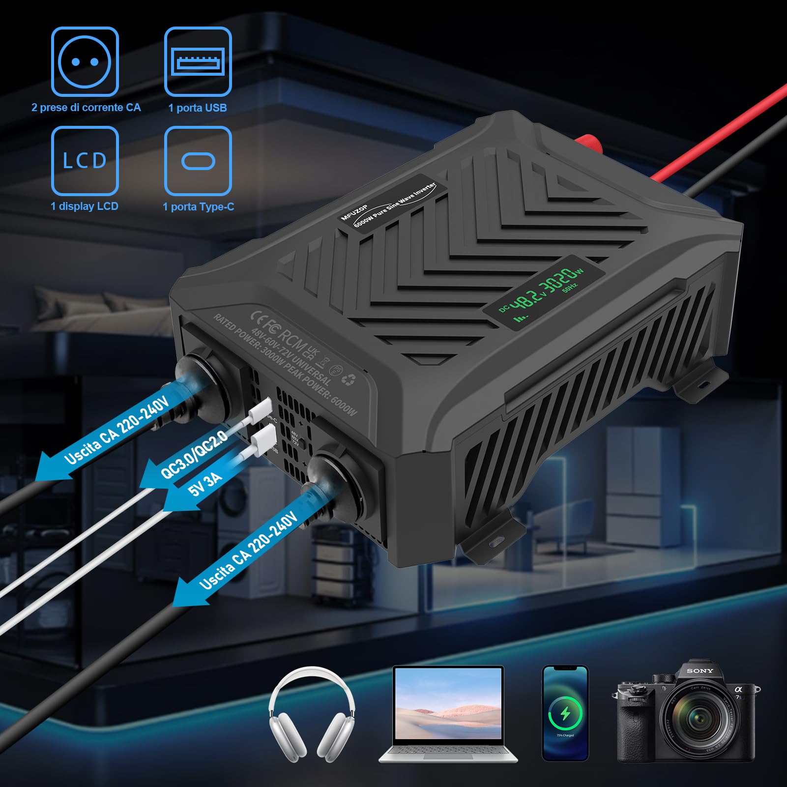 Power Inverter 48V/60V/72V a 230V Onda Pura 3000w/6000w, Convertitore di Tensione con Sistema di Rilevamento Intelligente, Ingresso Regolabile, Display LCD, 2 AC, 1 Type-C, 1 USB 5V 2.1A