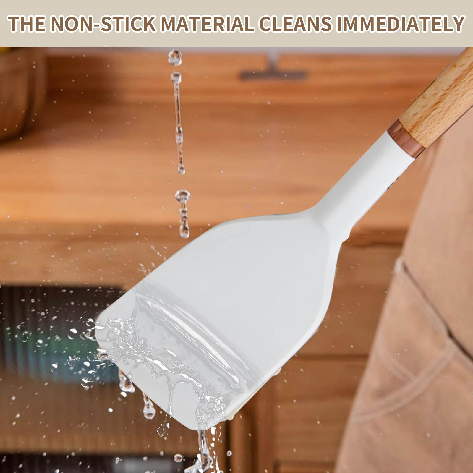 Set di 13 utensili in silicone con manico in legno, antiaderenti, lavabili in lavastoviglie, utensili da cucina senza BPA, resistenti al calore (230 °C/230 °C) padella in ceramica sicura