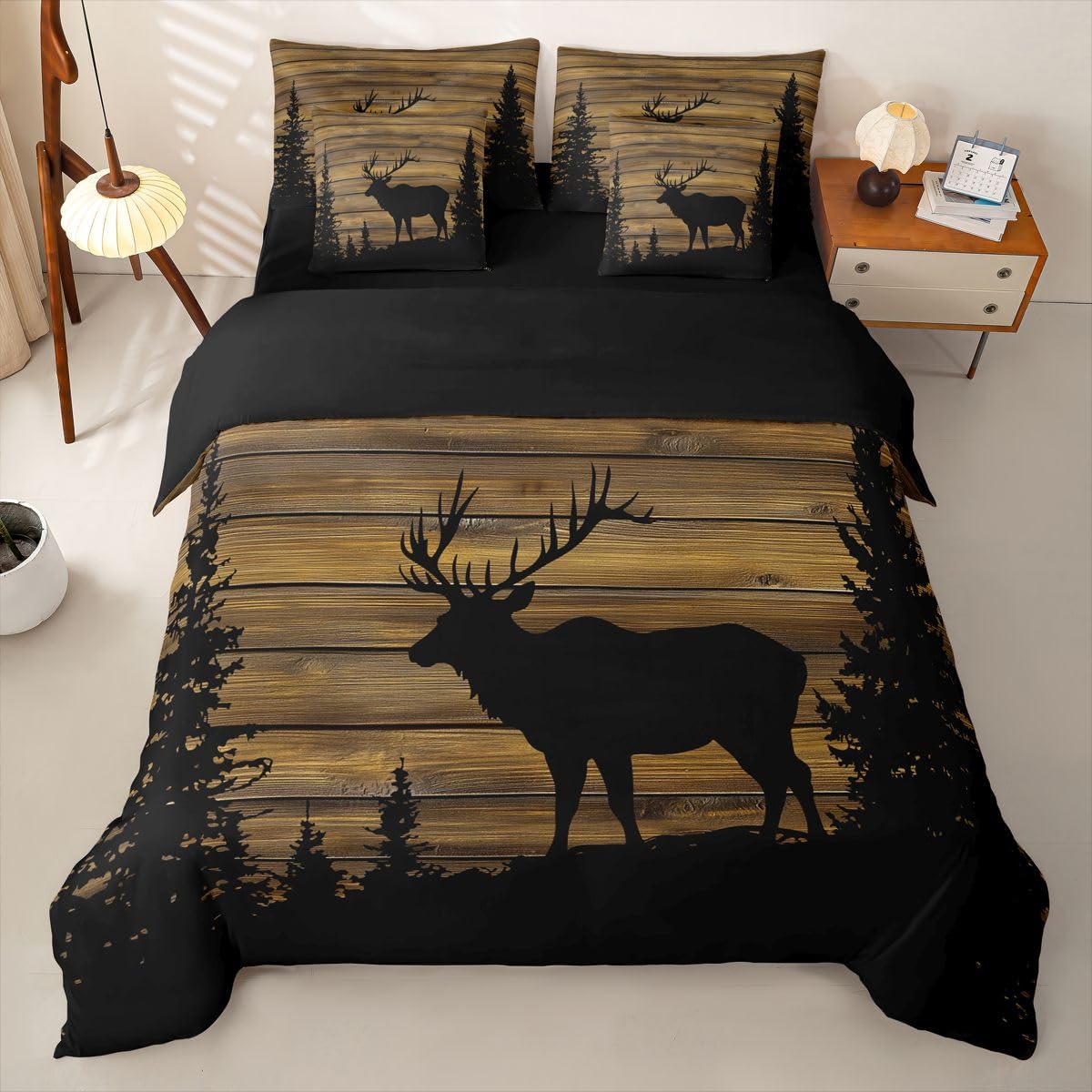 Loussiesd Funda de edredón vintage con ciervos tamaño King, ropa de cama de