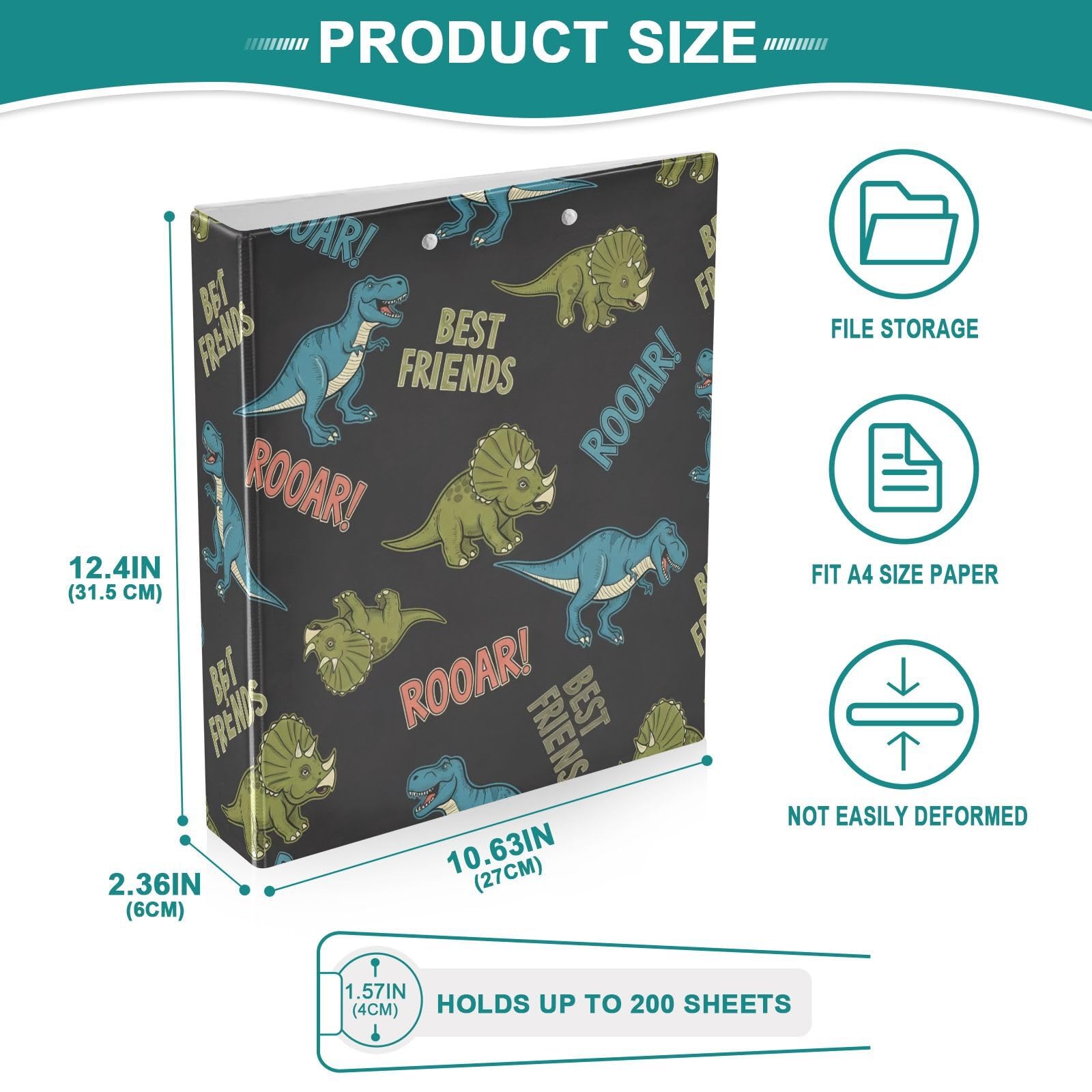 Dinorsaur - Raccoglitori a 3 anelli, 3,8 cm, decorativi, rotondi, con clip in metallo, organizer per casa e ufficio, confezione da 2