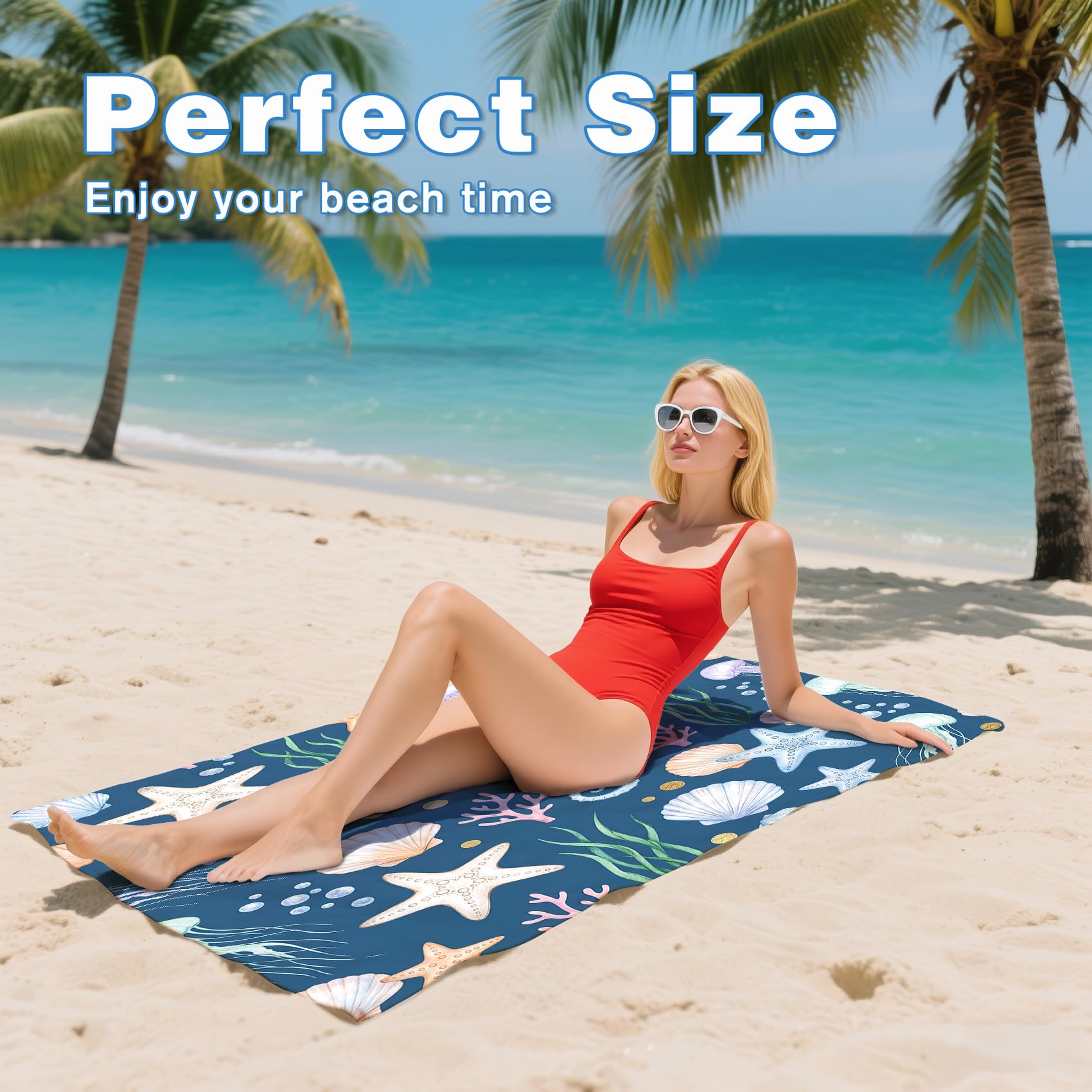 Serviette de Plage XXL Microfibre Coquillage étoile de Mer Hippocampe, Drap de Plage Séchage Rapide Anti Sable & Légère, Serviette de Bain Grande Taille 200x200 cm, Accessoire & Cadeau été