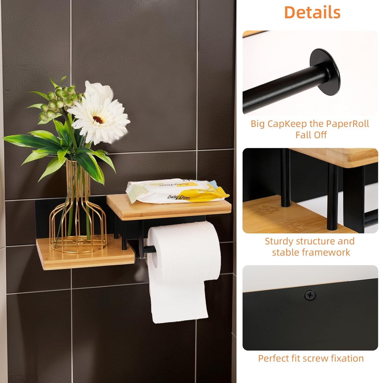 Support Papier Toilette Mural avec Ablage, Porte Rouleau en Bois sans Perçage, Distributeur Papier Toilette pour Salle de Bain et Cuisine