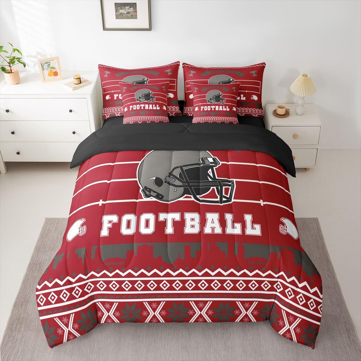 Erosebridal Football City 7 Pieces Bedding Set Queen Size,Rugby Sports Lover Bed in a Bag,Football Helmet Bed Set Includes Comforter,Sheet Set,Pillowcases & Pillow Covers,Red Khaki Bedroom Decor
