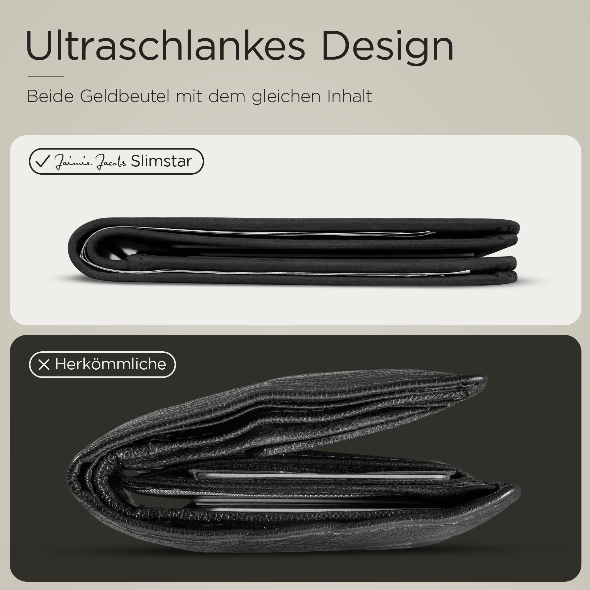 Jaimie Jacobs Slimstar Slim Wallet RFID & Münztasche (Büffelleder Schwarz) | Dünner Geldbeutel, hochformat, bis 11 Karten, 3 Schnellzugriff-Fächer, Geldscheine, kleine Münztasche, TÜV-RFID-Schutz
