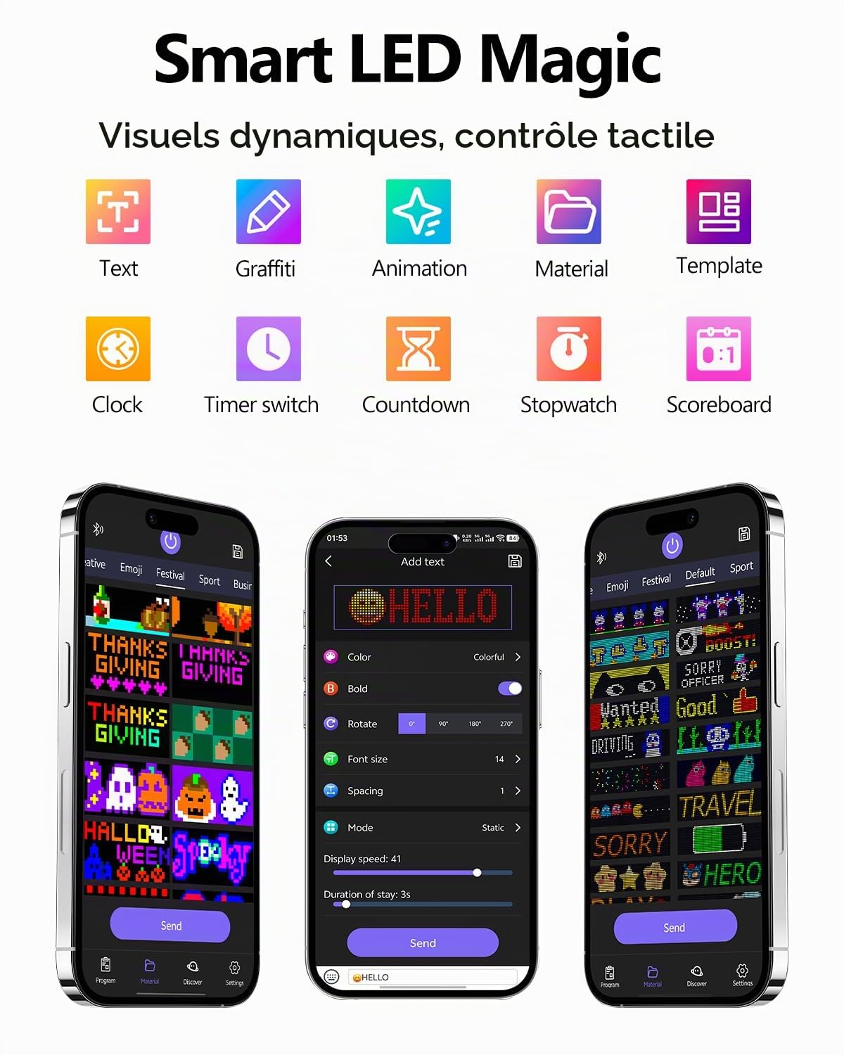 Chapeau de pêcheur LED programmable - Contrôle par application Bluetooth - Avec affichage pour vos propres textes - Pour festival, fête, course à pied, rechargeable par USB