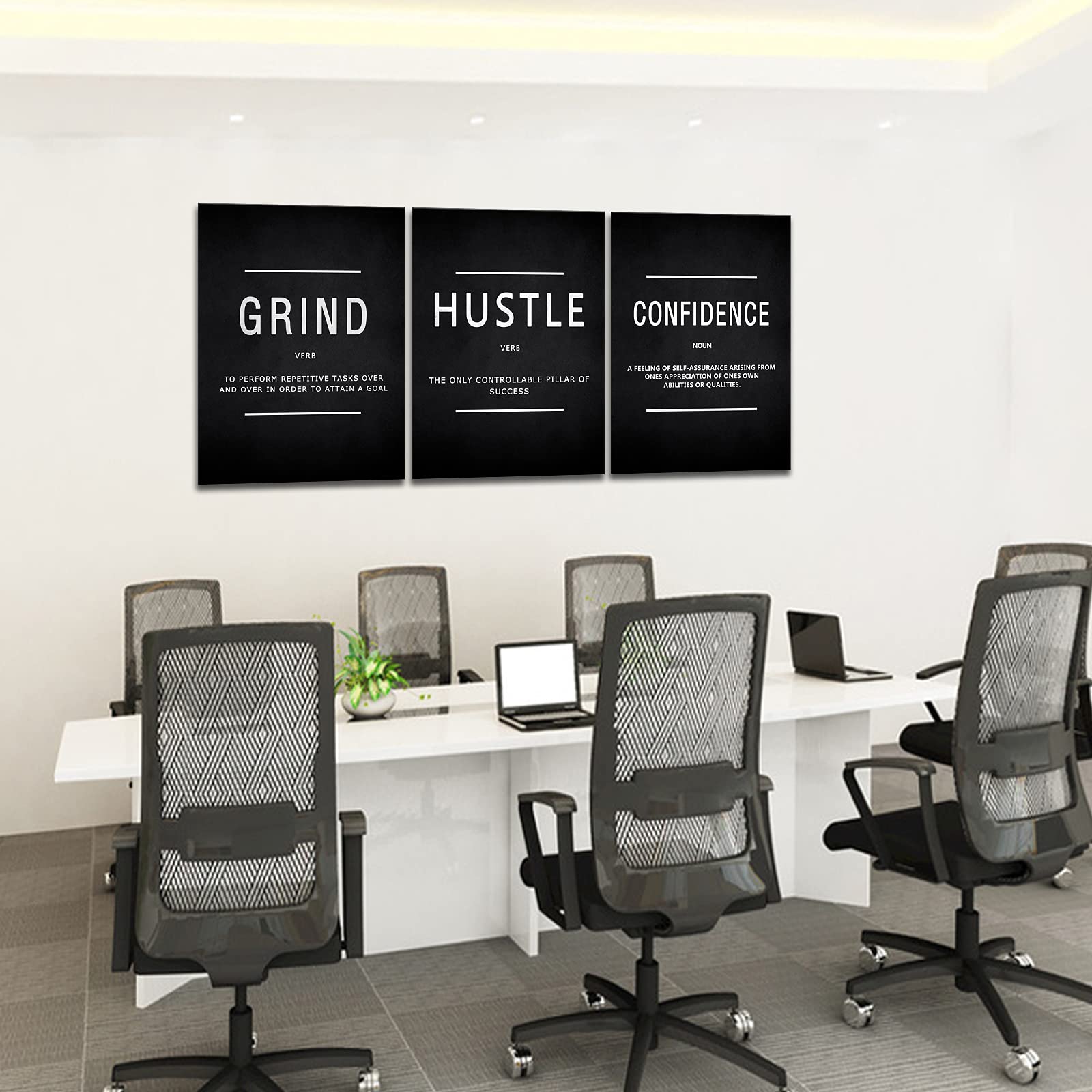 KAWAHONE Stampa artistica da parete motivazionale su tela, con scritta "Grind" Hustle Confidence, decorazione da parete incorniciata con citazioni motivazionali, per ufficio, posto di lavoro, pronta