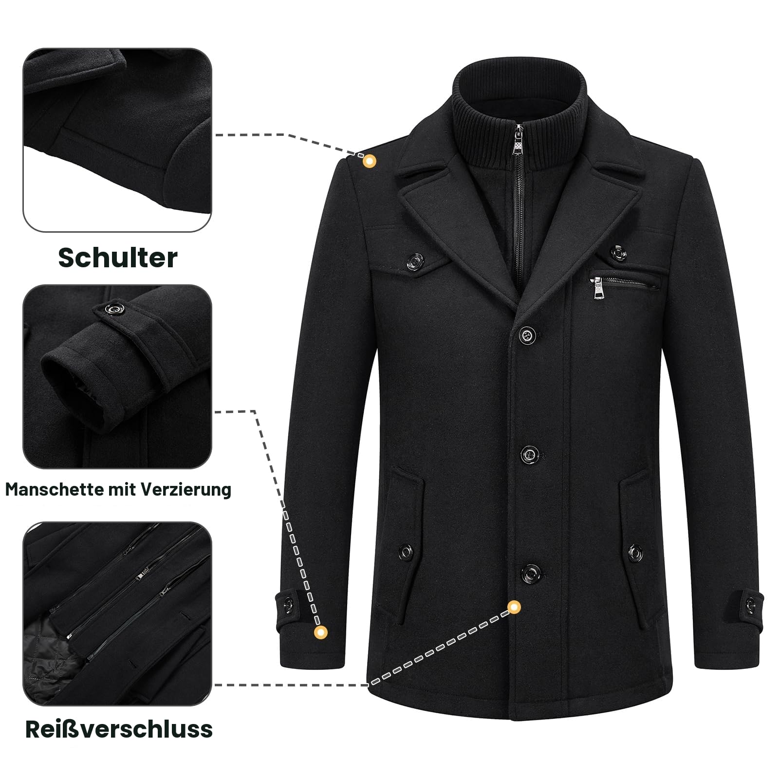 KUDORO Herren Wintermantel Wolle Kurzmantel Herren Wollmantel Mittellang Peacoat Winterjacke Slim Fit für Business Freizeit(Schwarz2,S)