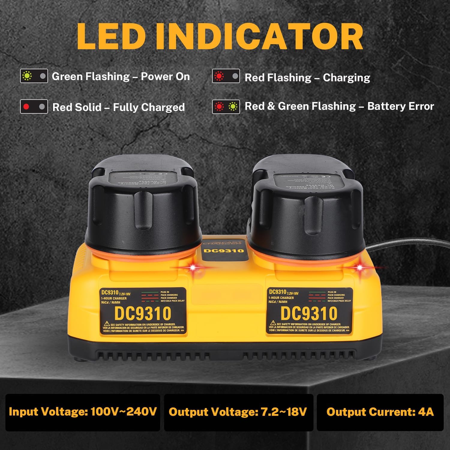 DC9310 18V Battery Charger for Dewalt, Replacement for 7.2V���18V NiCd NiMH XRP Batteries, Dual Port Fast Charger Compatible with DC9096 DC9098 DC9099 DW9096 DC9091 DC9061 DW9072 DE9057 - Image 5