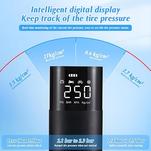 Miniatura 5 de Compresor de aire portátil para inflador de neumáticos con monitor de presión digital y bomba eléctrica con cable de luz LED para automóvil,