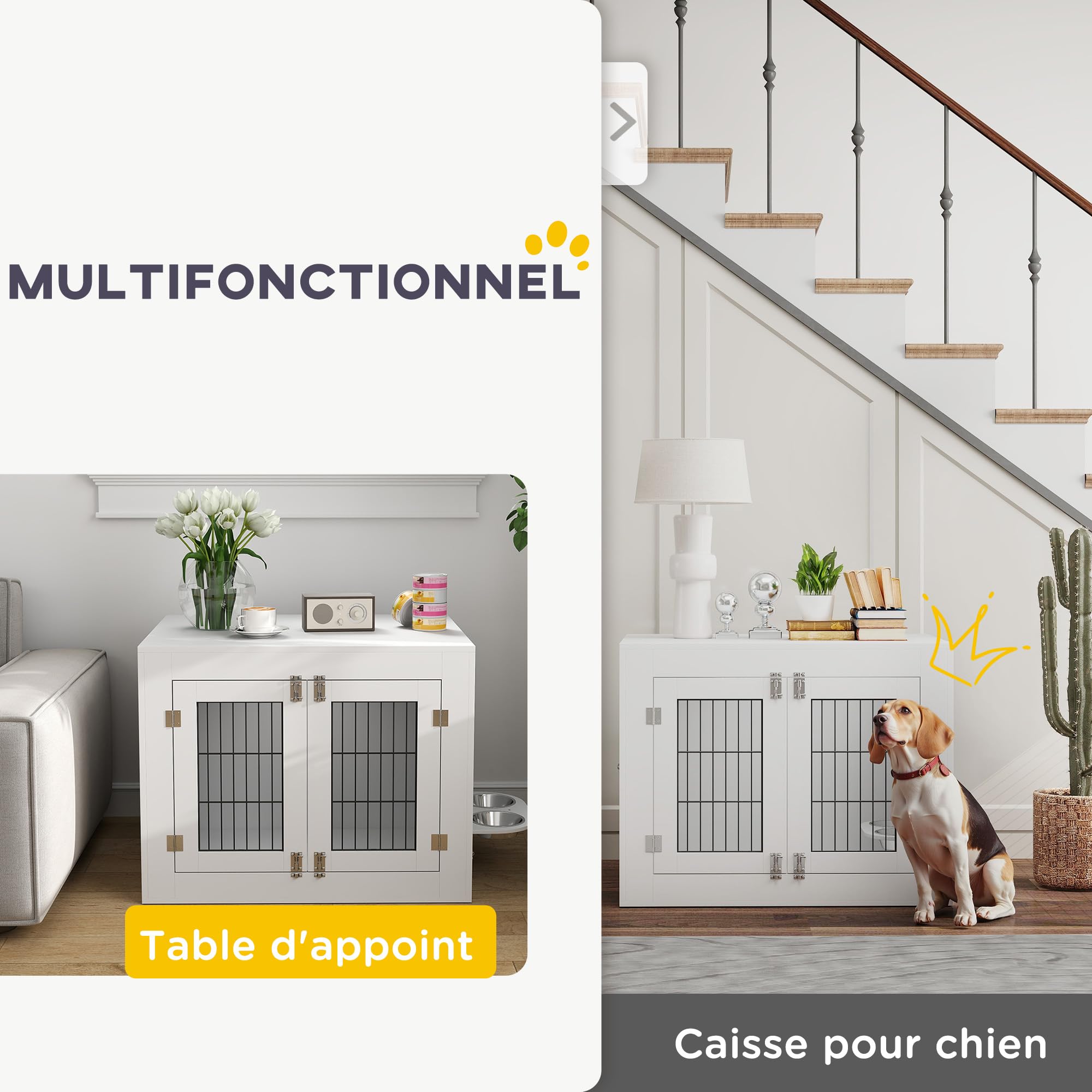 PawHut - Jaula para perro interior, caja para perro de madera, 2 cuencos giratorios 360°, 2 puertas, mesa auxiliar, tamaño mediano hasta 20 kg, 80 x 60 x 63 cm, color blanco