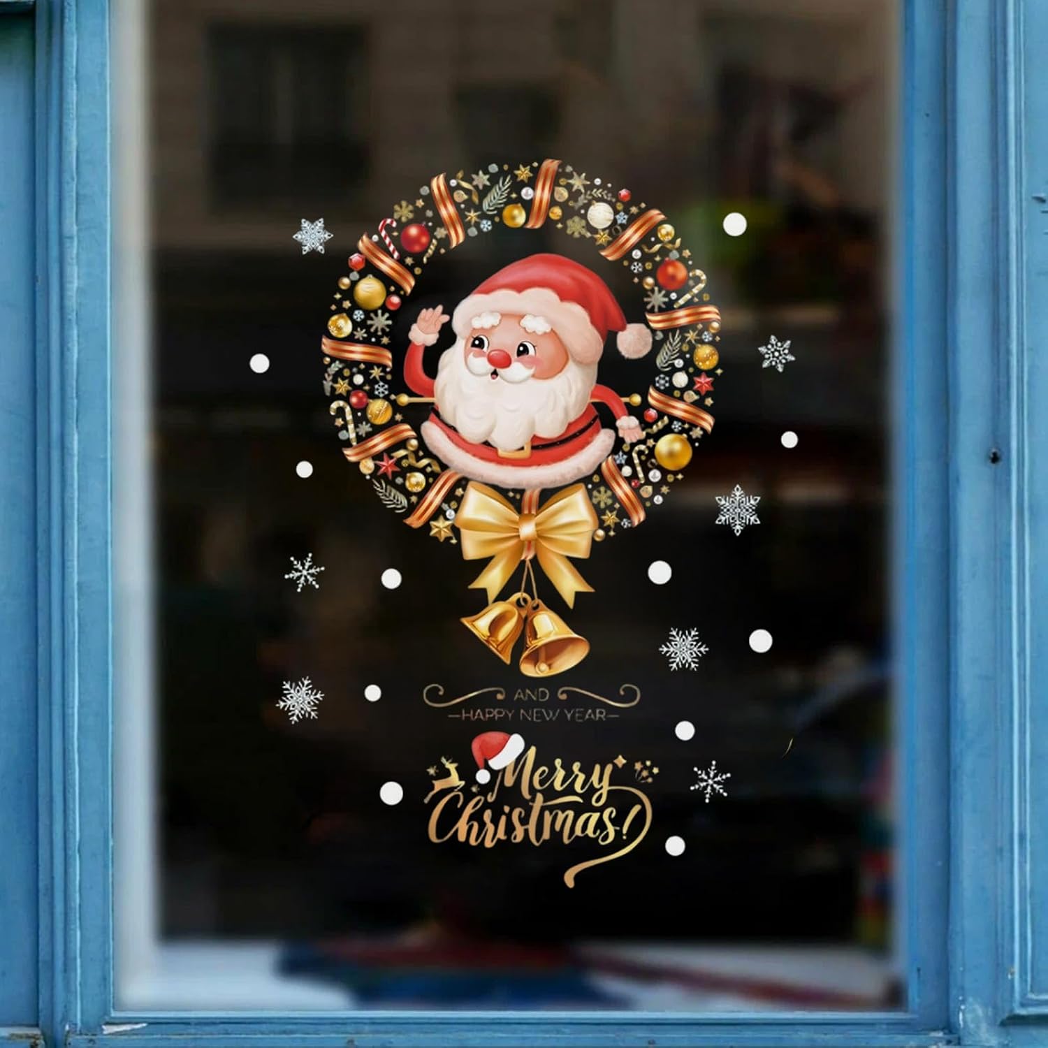 Merry Christmas Window Sticker Garland Santa Claus with Xmas Bell Bow Designs Glass Decal Cling Cute Santa Claus Snowflakes Window Sticker for Office School Decorations