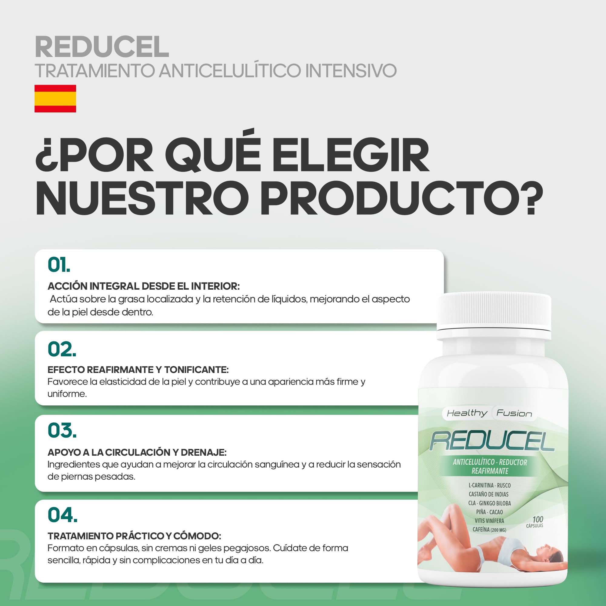 Reducel Potente Reafirmante Anticelulítico 100 Cápsulas L-Carnitina Cafeína CLA