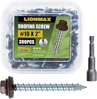 LIONMAX Metal Roofing Screws #10 × 2 Inch, 300-PCS, Brown Painted Hex Head Sheet Metal Roof Screws, Rubber Washer, Sharp Point, Metal to Wood Siding Screws, Hex Socket Included