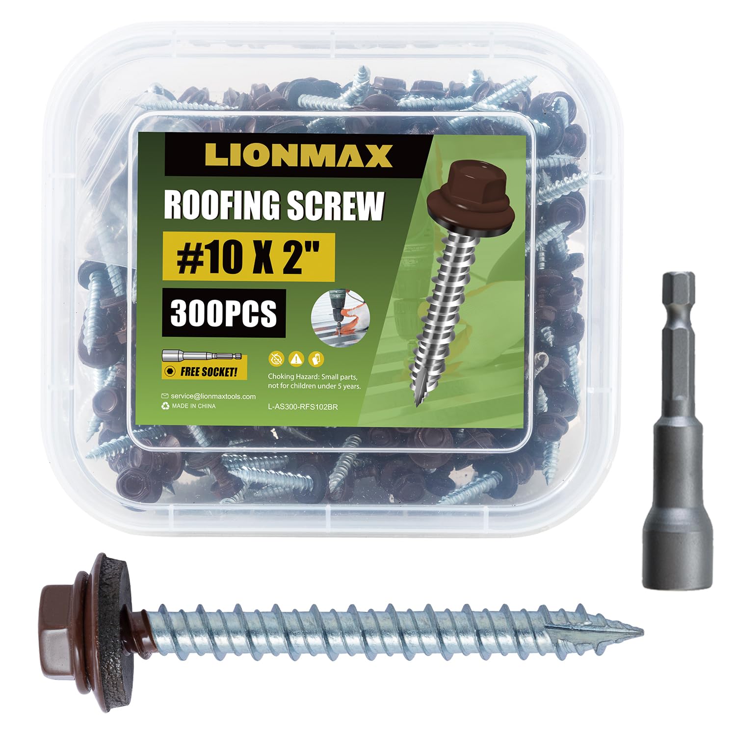 LIONMAX Metal Roofing Screws #10  2 Inch, 300-PCS, Brown Painted Hex Head Sheet Metal Roof Screws, Rubber Washer, Sharp Point, Metal to Wood Siding Screws, Hex Socket Included