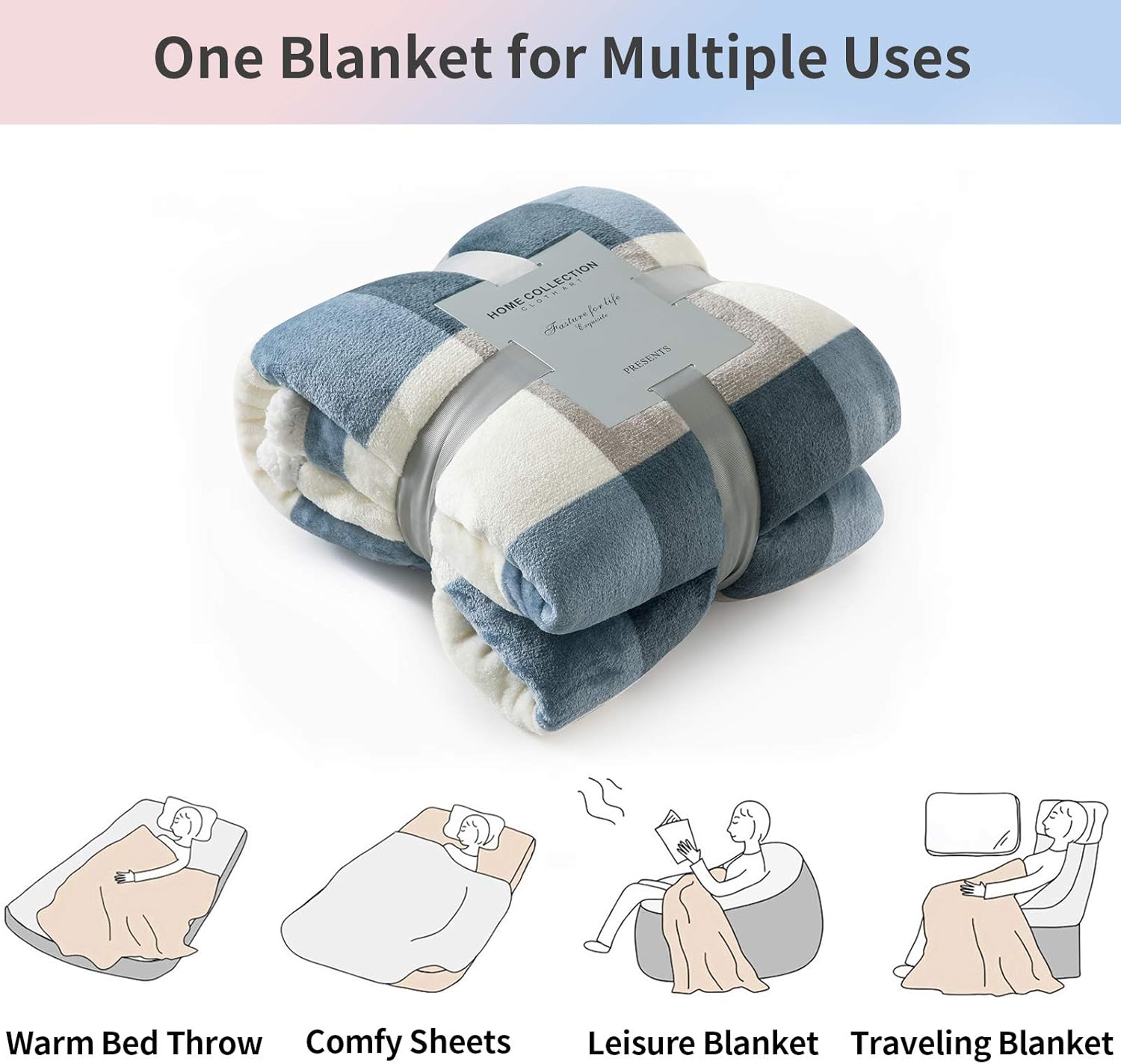 PU MEI Sherpa Fleece Throw Blanket Reversible Plush Fluffy Lattice Flannel Blankets for Sofa Couch Bed,60"x80",Grey-Blue : Home & Kitchen