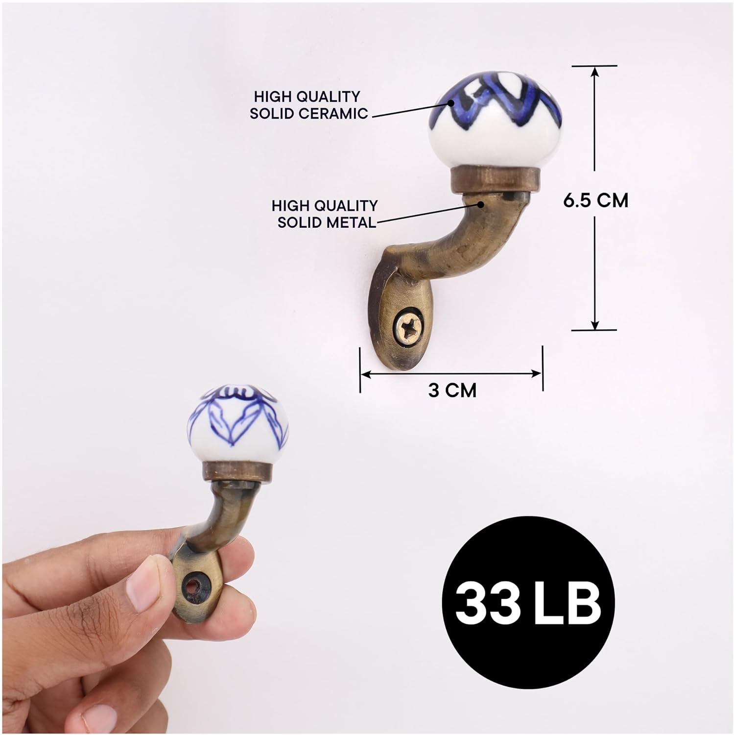 Indian Shelf 6 Pcs Ceramic, Iron Floral Heavy Duty Decorative Vintage Wall Hooks for Hanging Coats, Jackets, Leash, Hat, Towel, Backpack, Purse, Handbag [Blue and White]