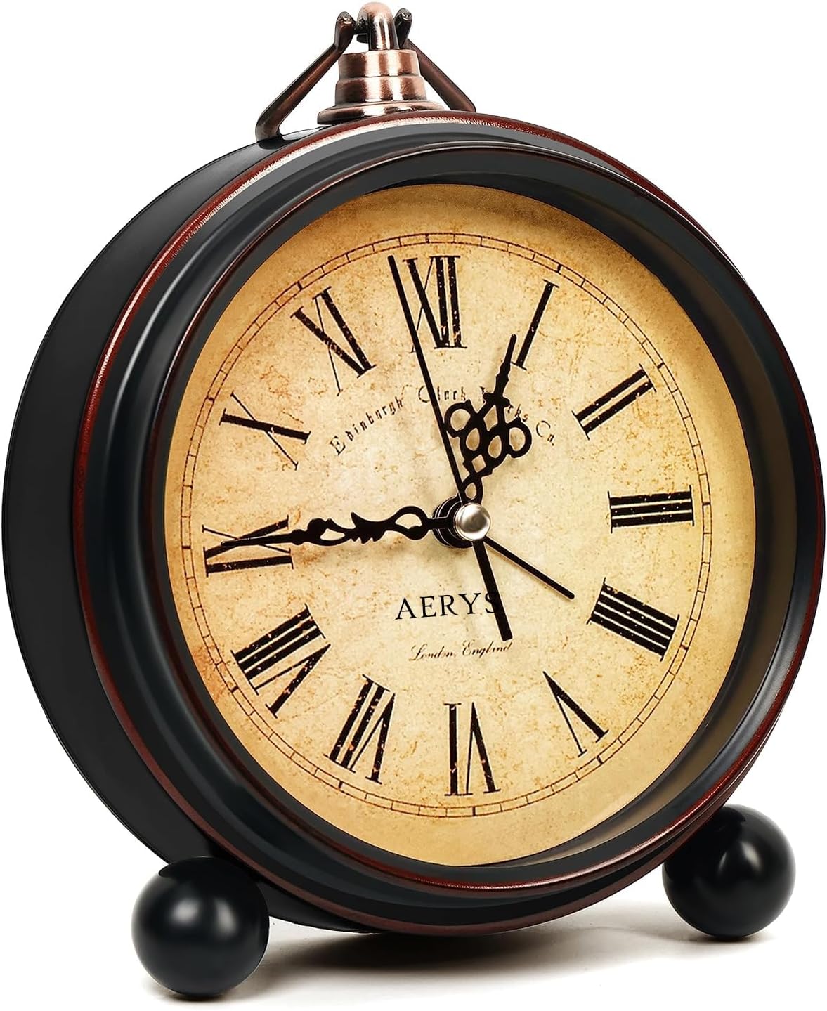 AERYS Classic Vintage Alarm Clock, Roman Number Dial, Silent Quartz Non-Ticking, Antique Style Metal Table Clock for Bedroom, Office & Home Decoration