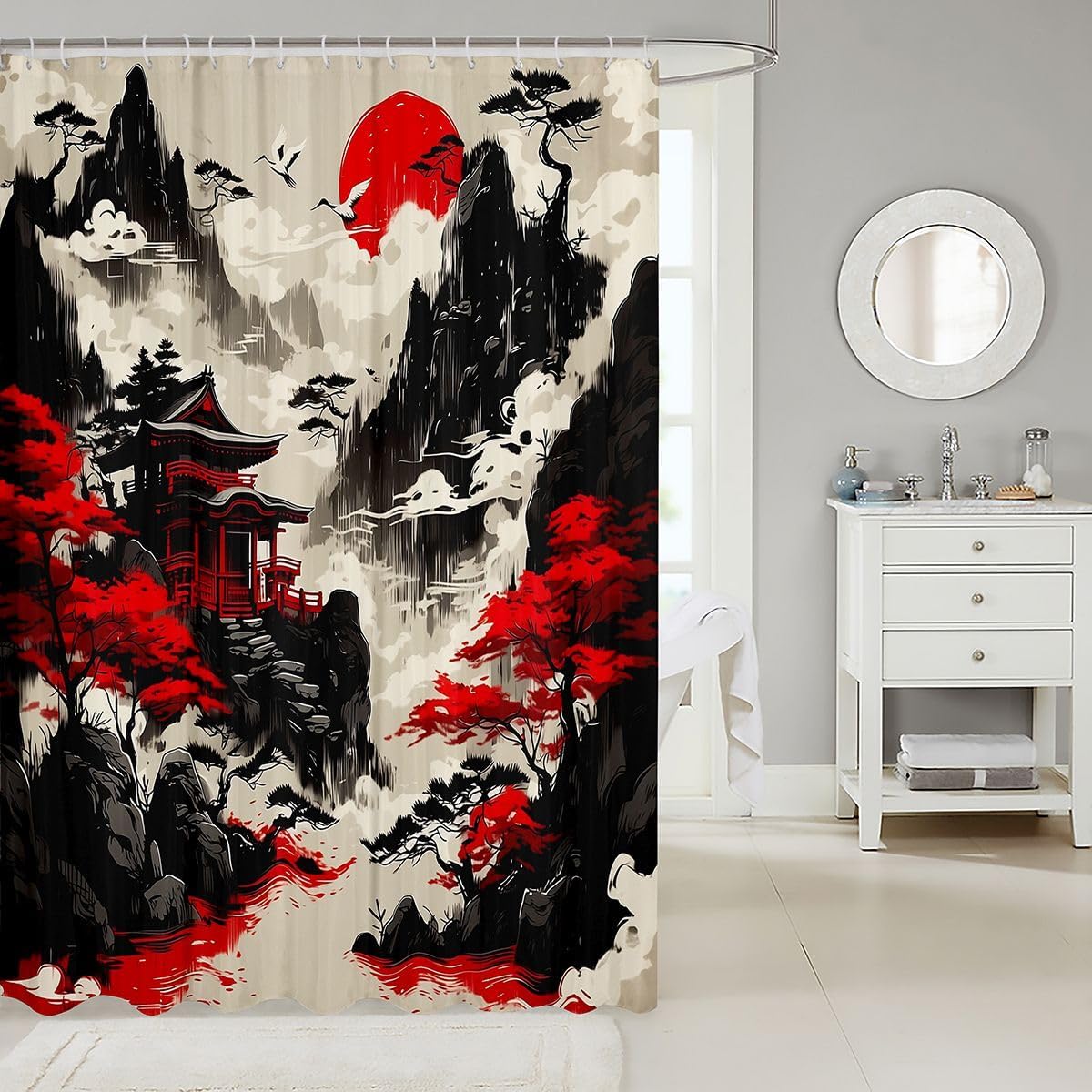 Feelyou Japanese Style Building Shower Curtain for Bathroom Decor Anime Sunset Bath Curtain for Stalls Bathtubs Romantic Exotic Bathroom Accessories Waterproof Polyester Fabric with 12 Hooks 72"x78" image 2