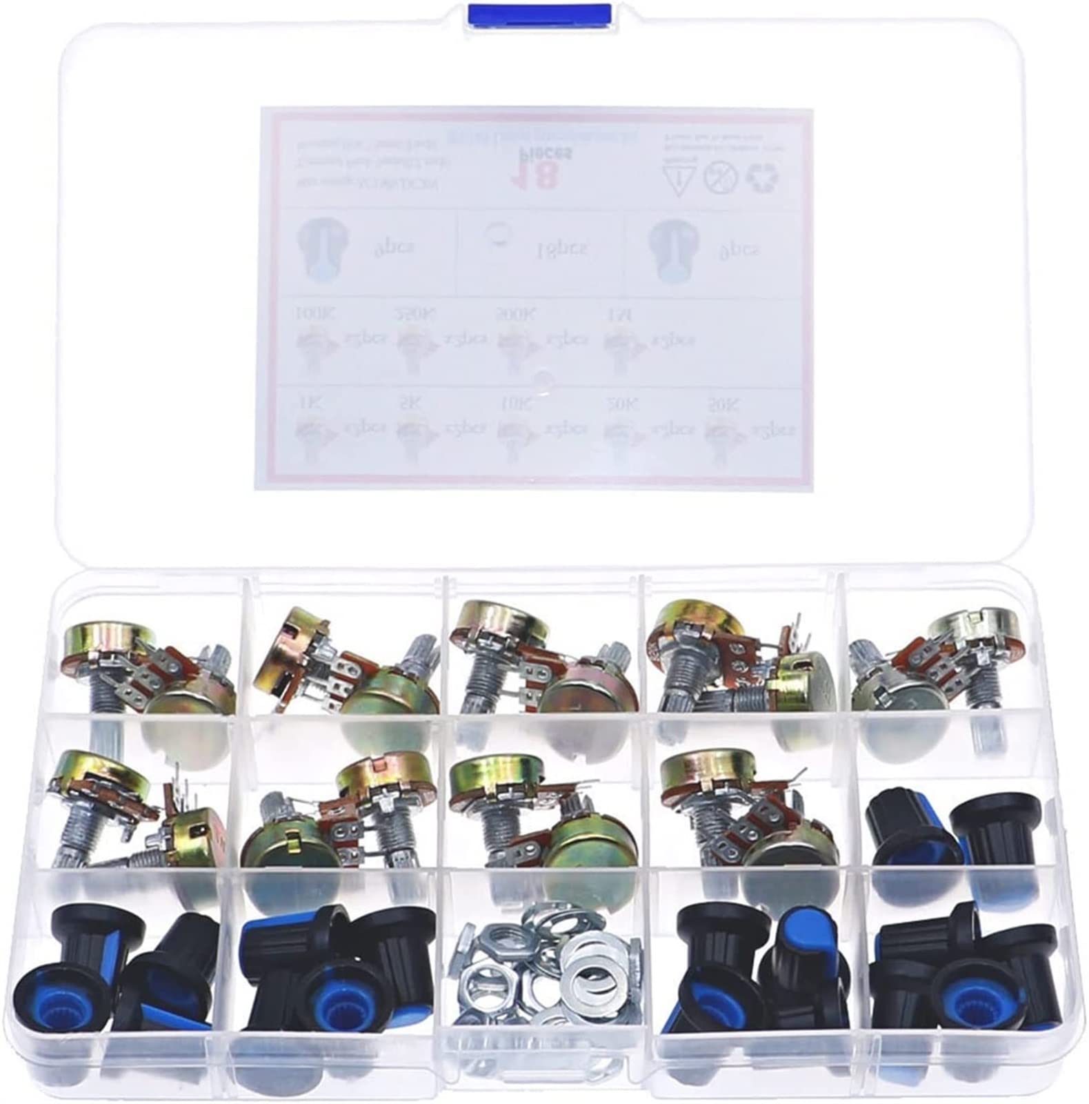 Relé 18 Uds 3Pin WH148 Kit de potenciómetro único B1K 5K 10K 20K 50K 100K 500K 1M con perillas Conjunto de potenciómetro único Tuercas de Eje