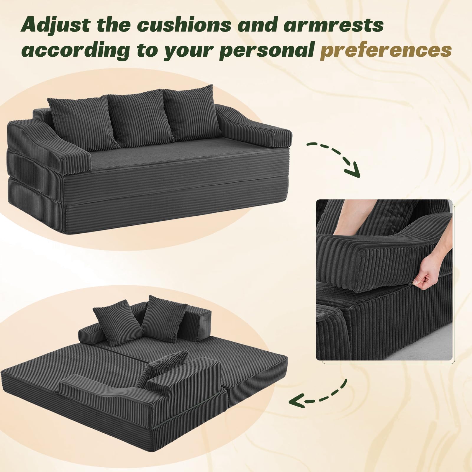 Apicizon 78.7" Folding Convertible Sofa Bed, Boneless Sleeper Sofa Couch with Pillows, 3 Seater Pull Out Futon Couches Bed, Floor Mattress Couch Loveseat for Living Room Bedroom Lounge, Dark Grey