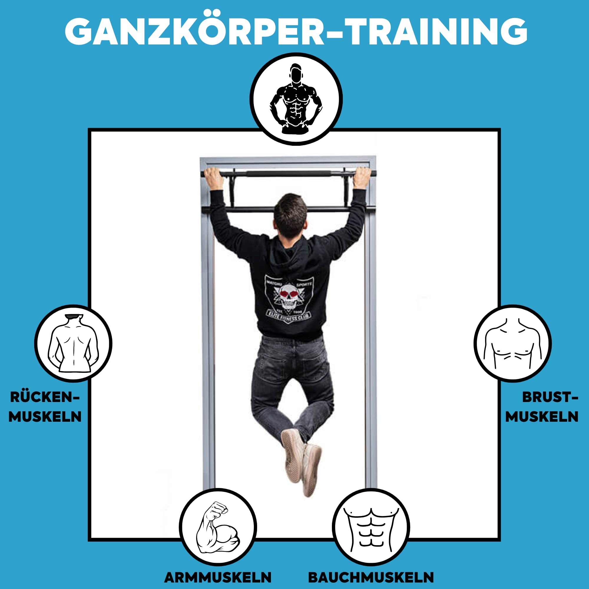 MATCHU - Pull up bar PRO - Klimmzugstange - Keine Schrauben - Rutschfest - Im Türrahmen - Aluminium - Bequemer Griff - 130kg Belastbar - Für Rücken, Bizeps, Schultern, Bauchmuskeln - Schwarz