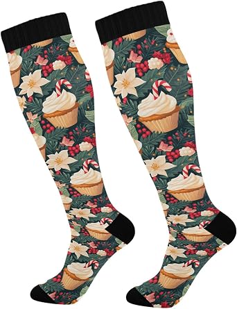 Groovy Sweet Cupcake Christmas Compression Sock for Women Men Fun Pattern Knee High Socks for Running,Nurse,Sports