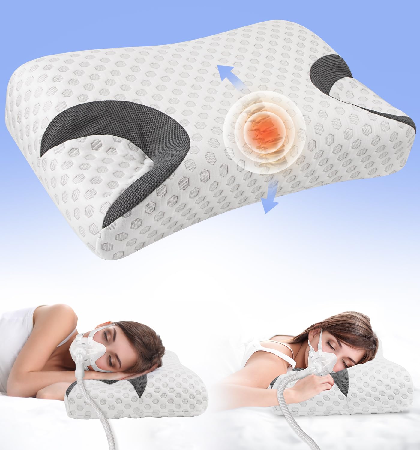 CPAP Cuscino in memory foam per chi dorme sul fianco, Cuscino per apnea notturna per dormire, Cuscini adatti a tutti gli utenti di maschere CPAP, Cuscino di supporto per collo ortopedico, grigio
