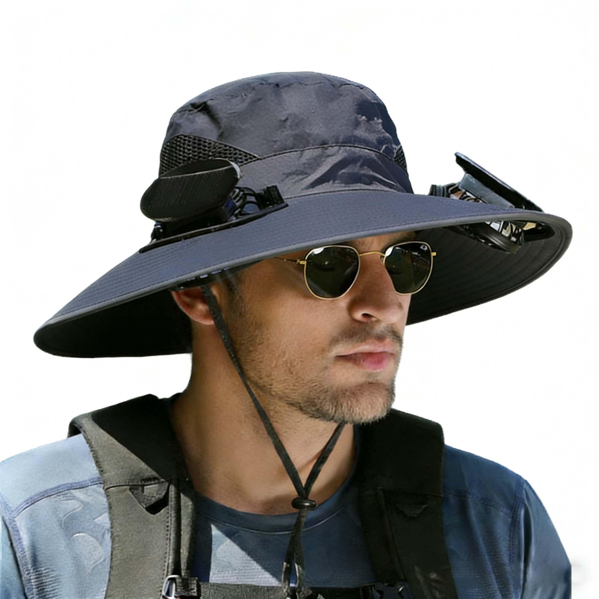 Solar Fan Hat, Hat with Fans Solar Power, Wide Brim Sun Hat, with 2 Fans, for Hiking, Fishing, Gardening Black