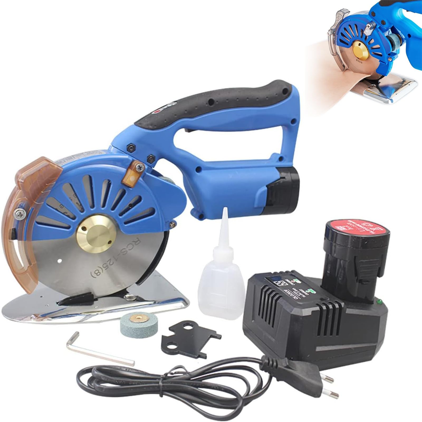 Taglierina Rotante Elettrica, Taglierina per Tessuti | Motore Brushless, Affilatura Automatica, Taglio 40mm, Lama HSS 125mm, 2 Batterie 2500mAh, 5 Velocità, Peso 1.7kg, Luce LED.