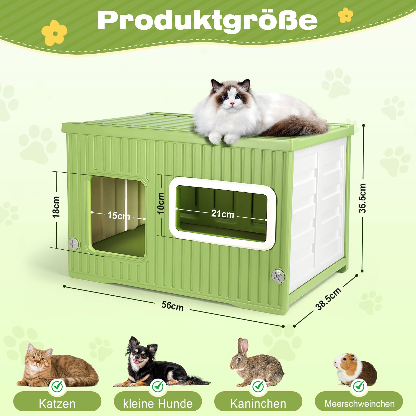Katzenhaus Outdoor & Indoor Wetterfest – Stapelbare Katzenhöhle aus Kunststoff mit Acrylfenster, moderner Katzenunterstand für Balkon & Garten, für Katzen, kleine Hunde & Kleintiere (56×38,5×36,5 cm)
