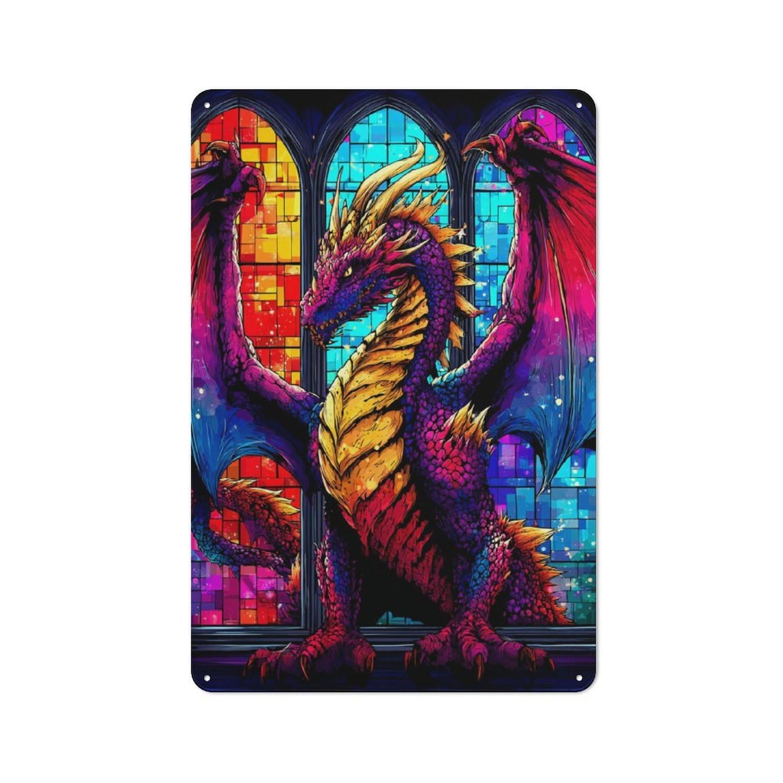 Junmoney Gothic Dragon Stained Glass Vintage Tin Sign 30X20cm With For Guest Room Or Hallway, For Collectors Decorating Guest Rooms And Hallways
