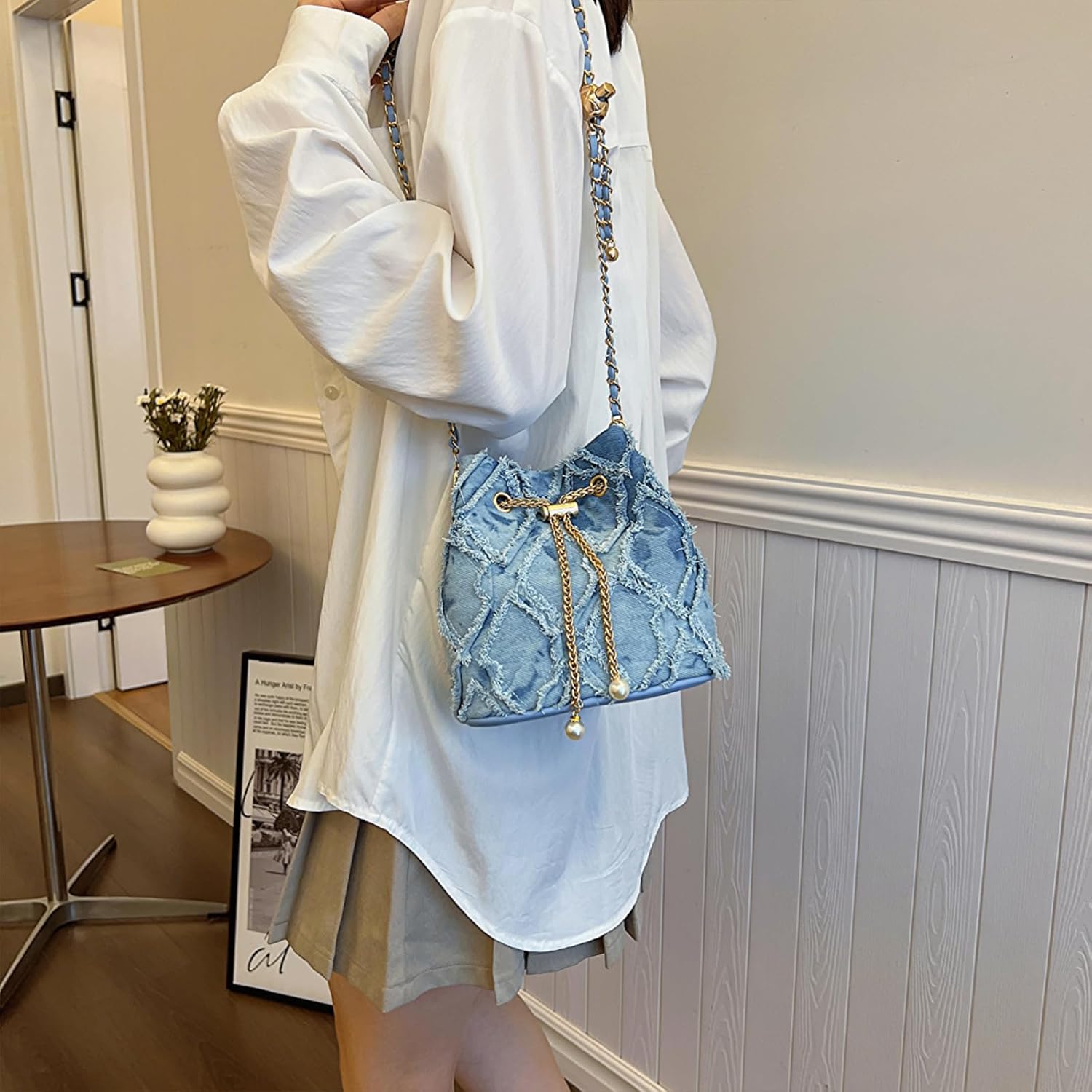 Denim Bucket Bag Quilted Drawstring Jean Purses for Women Denim Clutch Hobo Bags Crossbody Handbag - Image 3