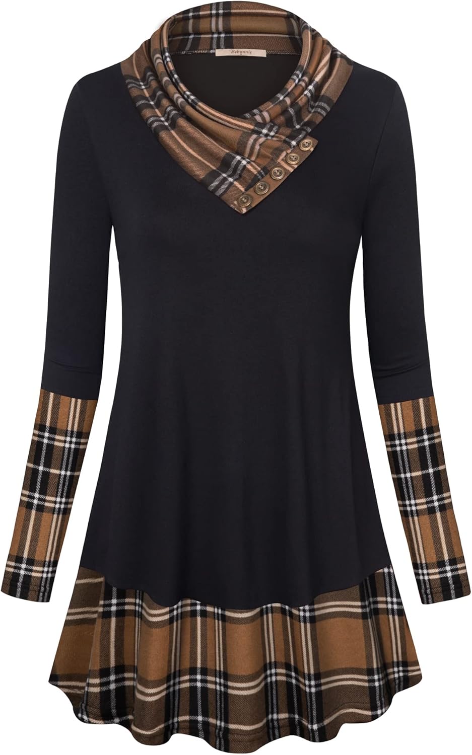 Bebonnie Cowl Neck Tunics Long Sleeve Patchwork Form Fitting Casual A-Line Top Blouse - Image 2