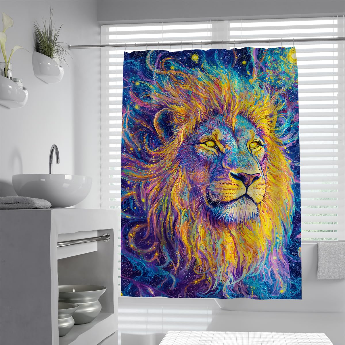 UIRINGART Cosmic Galaxy Lion Shower Curtain W120xL180cm Vibrant Nebula Wildlife Print Polyester Anti-mould Lightweight Machine Washable Hotel Bath Curtain with Hooks
